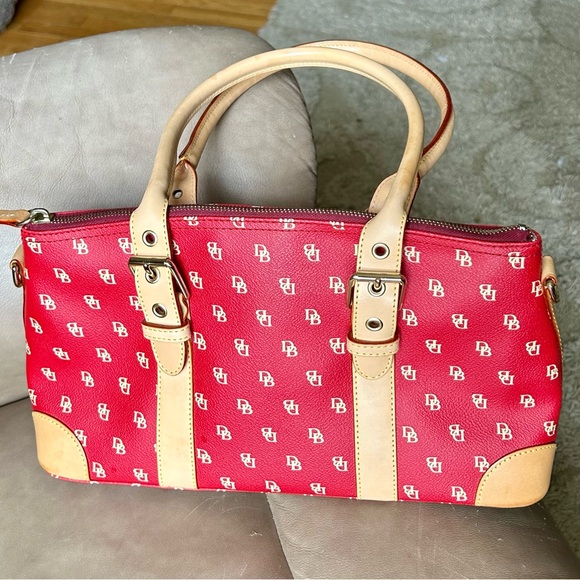 3 piece set!! Dooney & Burke Domed Satchel Beige and red monogramed set! - Picture 4 of 15